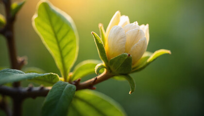 Obraz premium Close-up of blooming flower on branch with green leaves in soft natural sunlight background with copy space