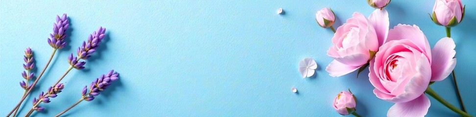 A delicate sprig of lavender paired with pale pink peonies on a calming blue canvas, peony arrangement, soft pink flowers