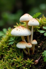 Fototapeta premium A patch of white mushrooms growing among ferns and moss, natural, mushrooms, brown