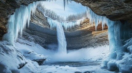 Icy cliffs adorned with icicles frame a dramatic waterfall pouring into a snowy valley, the mist adding an ethereal touch.