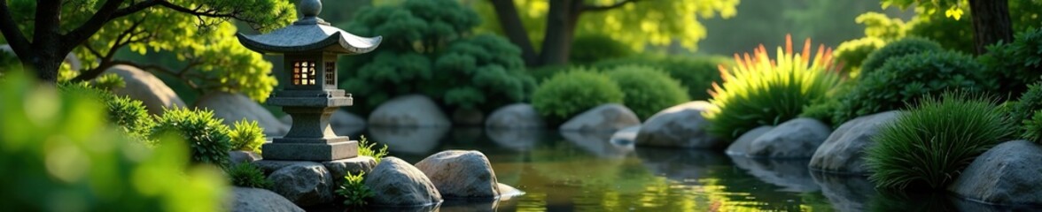 Zen garden with stone lantern and serene water feature, lantern, tranquil