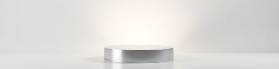 white background with a metallic cylinder podium as the central focus, reflective material, bright color, glowing surface