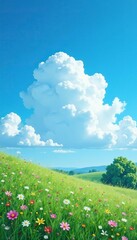 White fluffy cloud drifting lazily across a bright blue summer sky, nature, warm