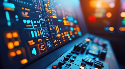 Obraz premium Futuristic Control Panel with Vibrant Lights and Digital Displays, Showcasing Advanced Technology and User Interface for Modern Systems and Robotics