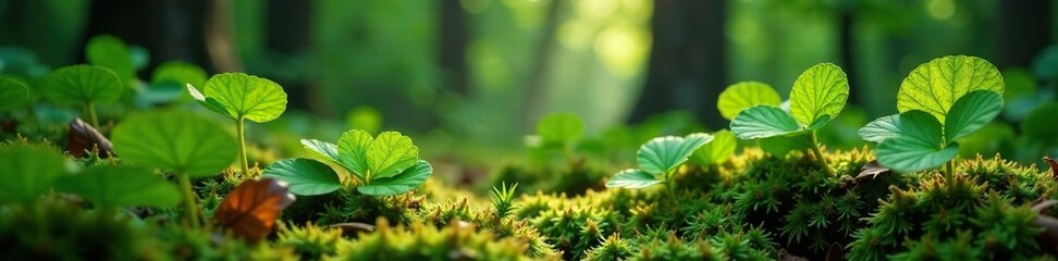 Aromatic eucalyptus leaves on the forest floor, ferns, woodsy atmosphere, moss