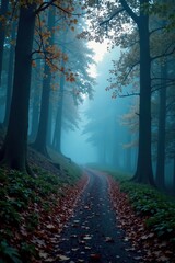 Obraz premium Dense fog envelops the forest floor, a narrow blue-lit pathway unwinding into the depths, path, autumn leaves, atmosphere