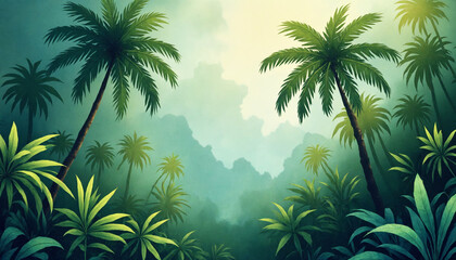 Fototapeta premium Lush tropical jungle with palm trees and vibrant greenery under soft light with misty mountains in the background and copy space