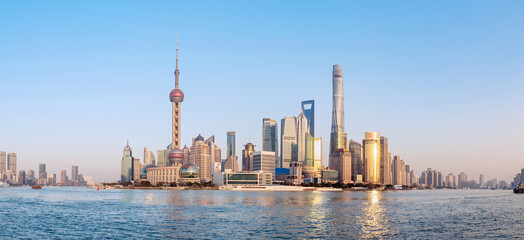 Obraz premium Shanghai, China, A panoramic view of the skyline of the Oriental Pearl TV Tower, a major urban attraction in China
