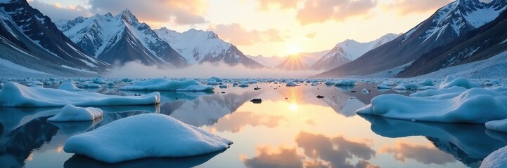 Obraz premium Icy waters shimmer in the morning light on a glacier-touched lake, glacial reflection, morning light, peaceful scene