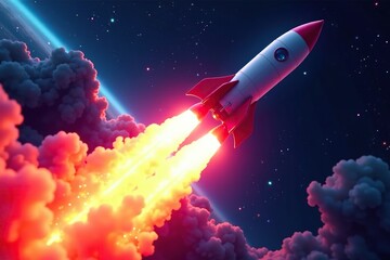 Obraz premium Neon-lit rocket engines propel the vehicle into orbit, colorful lights, rocket engines