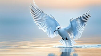 Fototapeta premium Majestic Royal Tern preparing to lift off from calm waters, captured in exquisite detail at Marco Island, Florida.