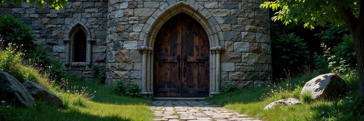 Obraz premium Gothic, ruined castle entrance with heavy doors, stone, wooden doors