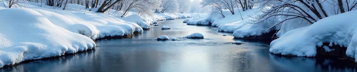 Obraz premium Softly falling snowflakes blanket a serene stream, calm, frozen