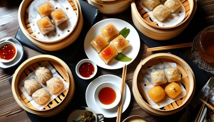 Delicious Dim Sum Platter with Various Dumplings and Dipping Sauces from Top Down View