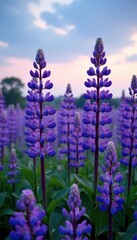 Naklejka premium A sea of purple lupines in full bloom against a fading blue sky, lupine flowers, wildflower meadow, nature
