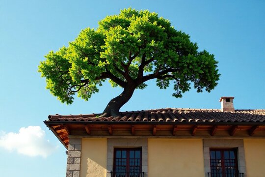 El ?rbol de roble se eleva sobre el techo de un edificio antiguo con techos de zinc, estructura, arquitectura, zinc
