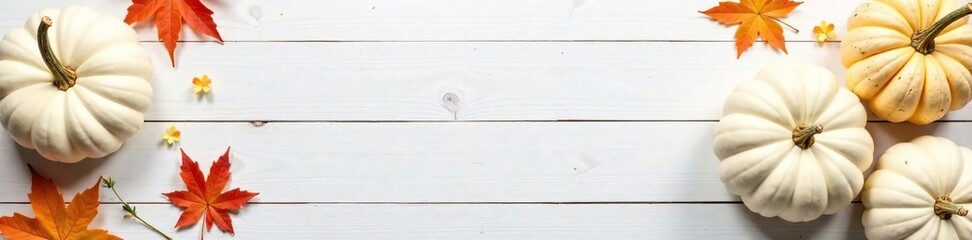 Simple pumpkin arrangement on a white wooden table, , white pumpkins, autumnal colors