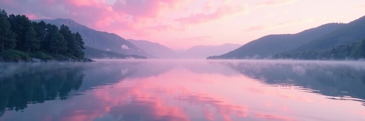 Fototapeta premium Soft pink hues dissolve into serene lake waters, water, peaceful, reflection