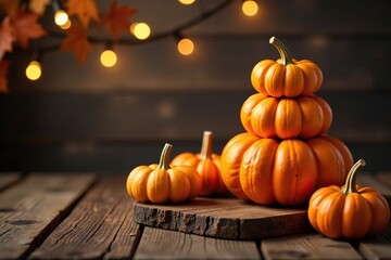 Stacked pumpkins on wooden boards with twinkling lights create a warm autumnal ambiance, cozy, wood, rustic