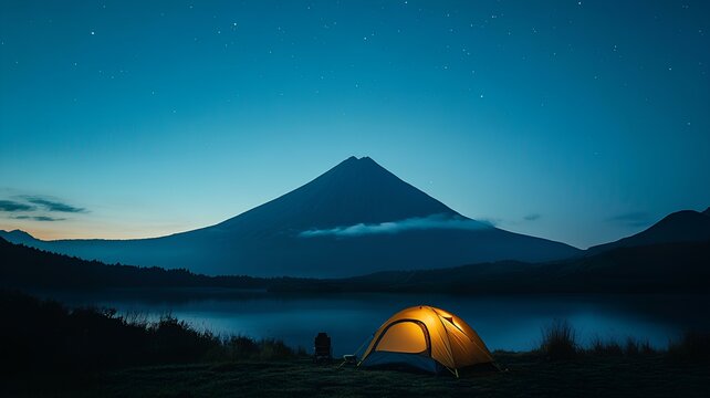 Tourist camping in front of Mt. Fuji at night, Japan