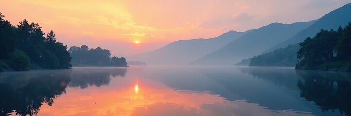 Obraz premium Serene mountain lake at sunrise with misty fog, landscape, sunrise, panorama