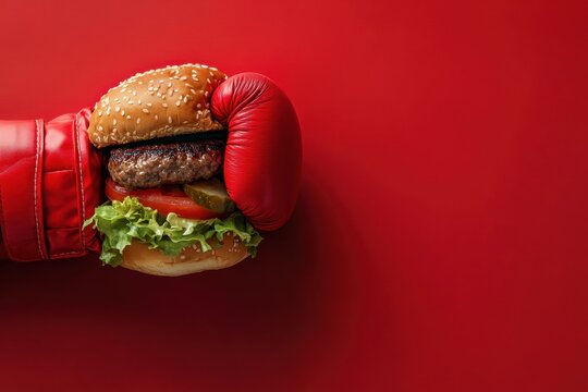 Juicy burger held by a red boxing glove on red background. Perfect for food fight, sports, or fast food concepts.