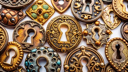 Macro Vintage Keyholes Collection Isolated on White Background - Detailed Stock Photo