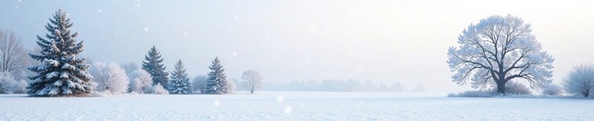 Fototapeta premium Frosty morning landscape with snow-covered trees and a white paper texture background, snow, cold