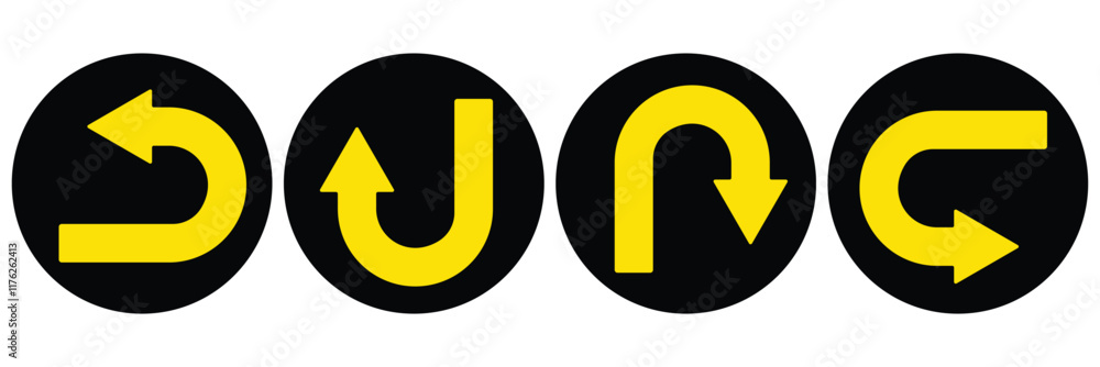 Aufkleber go straight this way one way only u turn left and right black arrow sign. arrow round circle traffic