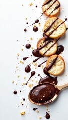 Fototapeta premium Chocolatey goodness splattered on a clean white surface, chocolate drizzle, breakfast treat