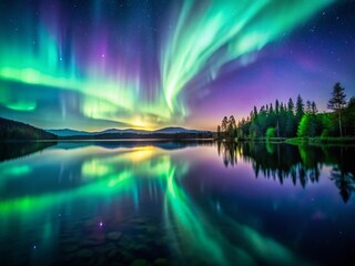 Magical Aurora Borealis Reflection in Calm Lake - Tilt-Shift Night Photography