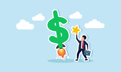A businessman holding a star stands beside a dollar sign launching like a rocket, illustration of using product or service quality to exponentially boost business profit and revenue