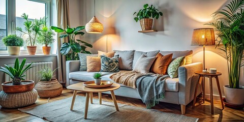 Obraz premium Scandinavian Bedroom Corner: Stylish Sofa & Decor Ideas | Macro Photography