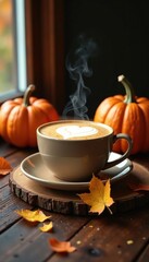 Cozy fall scene with steaming latte and pumpkin decorations, , fall