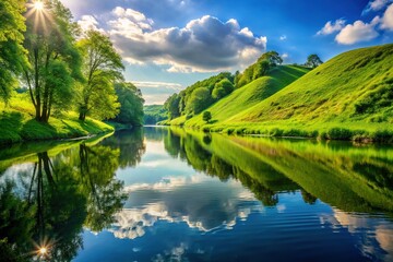 Fototapeta premium Serene Green Hillside River Landscape - High Resolution Stock Photo