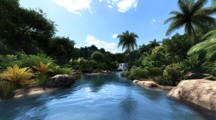 Serene tropical landscape with a river and lush vegetation.