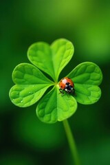 Ladybug's gentle touch on a four-leaf clover's underside, nature, four leaf clover