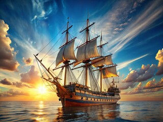 Fototapeta premium Majestic Ancient Frigate at Sea: Sunny Day, Low Sails, High Detail