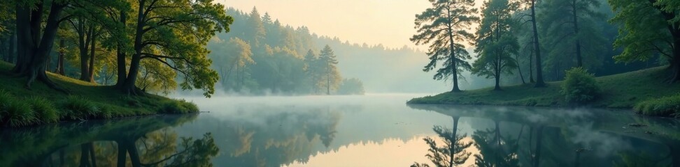 Window reflection of a forest scene with mist, serene, natural, reflections