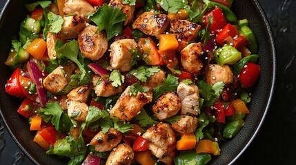 A vibrant stir-fry with colorful vegetables and succulent pieces of chicken
