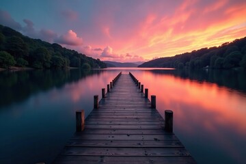 Obraz premium A wooden walkway descends into a tranquil lake at dusk, reflection, scenery, serene