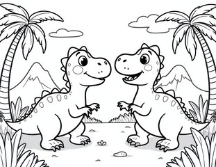 Playful Dinosaurs in a Prehistoric Scene Coloring Page. Ready to print on standard 8.5x11 inch paper