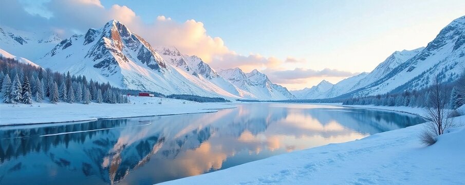 Winter scenery of frozen lake and snow-covered mountains in the Khibiny range, murmansk, snowy peaks