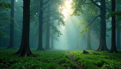 Naklejka premium Foggy morning in a dense woodland with tall trees, greenery, morning, landscape