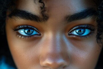 Fototapeta premium Close-up portrait of a young afro-american woman with striking blue eyes and long eyelashes