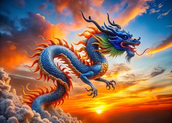 Obraz premium Majestic Blue and Orange Dragon Soaring Through the Sky - Chinese Mythology Art