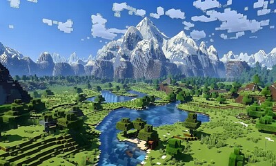 A vibrant, blocky landscape featuring mountains, rivers, and trees in a pixelated world.