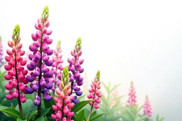Obraz premium colorful lupine blooms on a crisp white canvas, space, white background