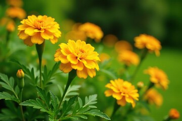 Fototapeta premium Bright yellow marigold flowers blooming in a garden, color, greenery