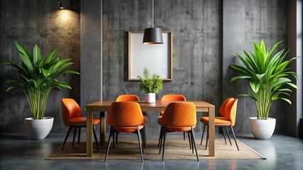 Fototapeta premium Sleek Modern Interior Night Photography: Orange Chairs, Green Plant, Blank Wall Art